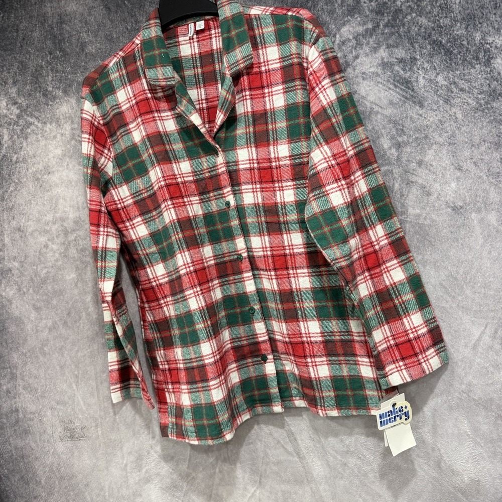 Nordstrom Womens Large Red Green Plaid Flannel Shirt Holiday Christmas Button Up